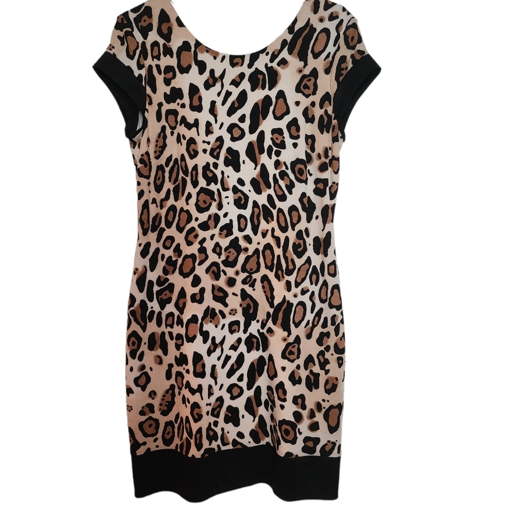 CACHE Silk blend animal print black tan knit dress Bodycon SZ 12